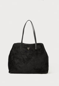 Sort plyss tote bag med en tekstureret overflade, læderhåndtag og en trekantet logo accent. Storslået design med blødt, fuzzy materiale.
