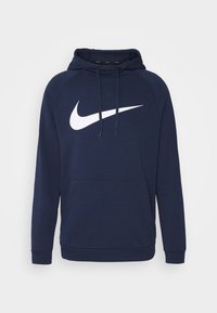 Mörkblå hoodie i mjukt material, med en stor vit Nike-logga, dragsko på huvan och framfickor i känguru-stil.