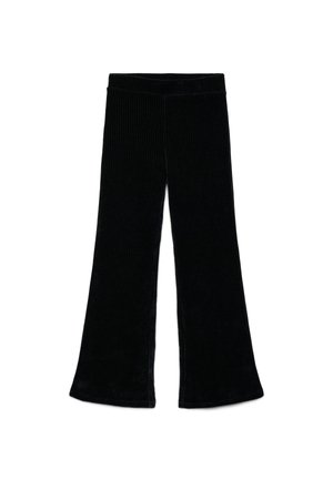 Pantaloni di velluto a coste neri con gamba svasata ed elastico in vita, mostrati distesi su sfondo bianco.