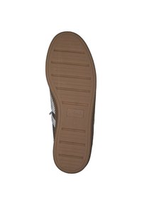 Shoe sole with brown rubber material, featuring horizontal grooves for traction, and embossed logo detail. Perforated design at the edge.