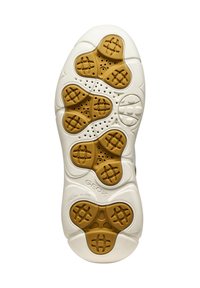 Schoenzool in wit en tan, met een gestructureerd patroon van ronde en vierkante accenten, en meerdere perforaties voor ademend vermogen.