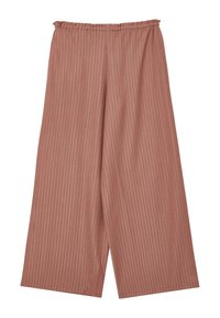 Weit geschnittene, gerippte Hosen in einem staubigen Rosaton. Elastischer Bund und glatte Textur, ohne Taschen oder Hardwaredetails gestaltet.