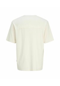 Camiseta de algodón color crema con mangas cortas, que presenta un sutil logo en relieve que dice "Reef Break Core Dept." en la parte de atrás.