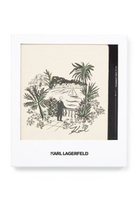 Marco blanco con una ilustración texturizada sobre lienzo beige. La escena muestra palmeras, una vista al mar y una figura cerca de una barandilla. Incluye firma en negro.