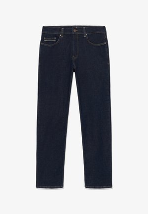 Jeans in denim blu scuro con gamba dritta, cinque tasche, chiusura con bottone e cuciture arancioni visibili.