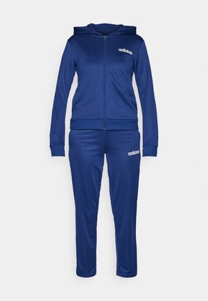Fato de treino azul-marinho com sweat com fecho e mangas longas, apresentando punhos e cós canelados, e um logo branco da Adidas no peito e na perna.