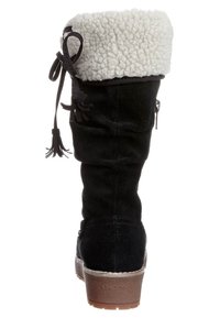 Botte d'hiver en suède noir avec un revers en fausse fourrure blanche, un lien décoratif et une fermeture éclair latérale. Dotée d'une semelle en caoutchouc marron texturée.