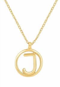 Collar de oro con un colgante circular que presenta la letra "J" en una fuente cursiva abierta. La cadena es texturizada y enlazada.