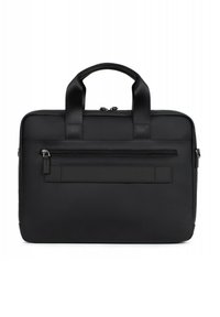 La borsa per laptop nera presenta un design rettangolare elegante con maniglie doppie, una tasca frontale con zip e un'esterno dalla texture liscia.