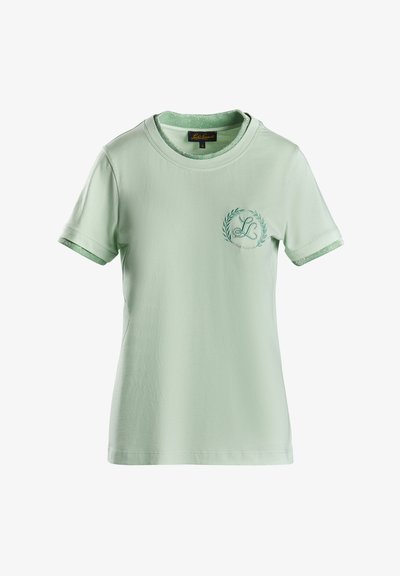 Mėtinės spalvos medvilninė trumpomis rankovėmis marškinėliai su apvaliu iškirpimu, turintys mažą siuvinėtą logotipą ir dekoratyvinius siuvinėjimo akcentus ant rankovių.