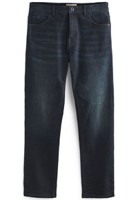 Donkerblauwe denim jeans met een recht gesneden pijp, voorzien van vijf zakken, een knoopsluiting en vervaagde details over de voorkant.