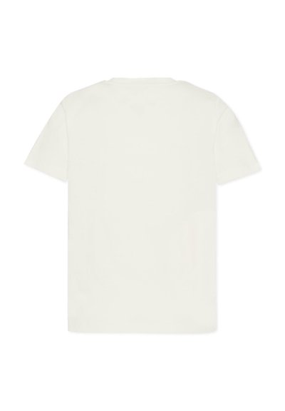 T-shirt bianca in cotone con maniche corte, scollo rotondo e design minimalista. Nessuna fantasia o dettaglio sulla vista posteriore.