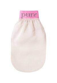 Cremfarbiger Stoffartikel mit einem rosa elastischen Bund, der mit "pure" in Grau beschriftet ist. Das Design weist eine glatte Textur und abgerundete Unterkante auf.