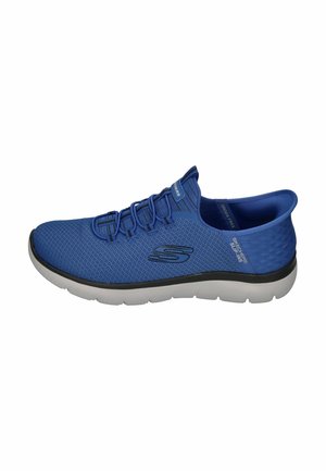 Blue mesh athletic shoe with a flexible sole, featuring black accents and adjustable laces, designed for easy slip-on functionality.