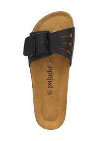 Black slip-on sandal with synthetic upper, adjustable buckle, and cork footbed. Features cutouts for breathability and a smooth texture.