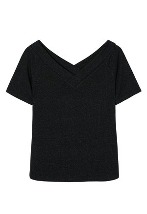 Black top with a textured, shiny finish. Features a wide V-neck design and short sleeves. Simple, structured shape with no additional patterns.