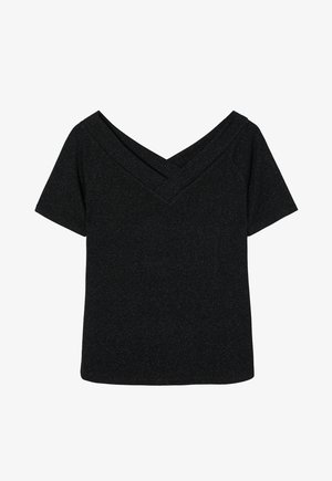 Czarny top o teksturowanym, błyszczącym wykończeniu. Posiada szeroki dekolt w kształcie litery V i krótkie rękawy. Prosta, stonowana forma bez dodatkowych wzorów.