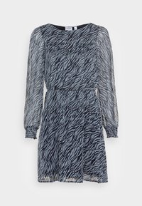 Robe bleu marine avec un motif à rayures zébrées, des manches longues transparentes, un col arrondi et une taille élastique offrant une coupe fluide.