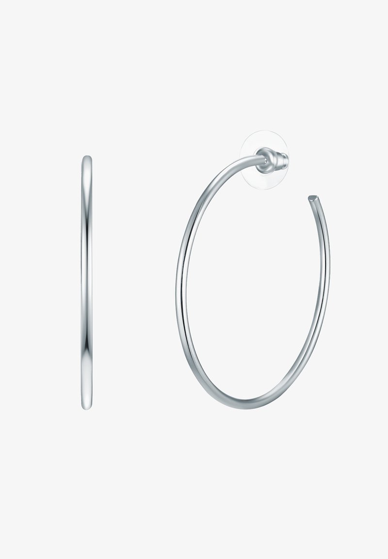 Strieborné kruhové náušnice s hladkým, zaobleným dizajnom. Štíhly profil a lesklý povrch, s priehľadným podkladom pre bezpečné nosenie.