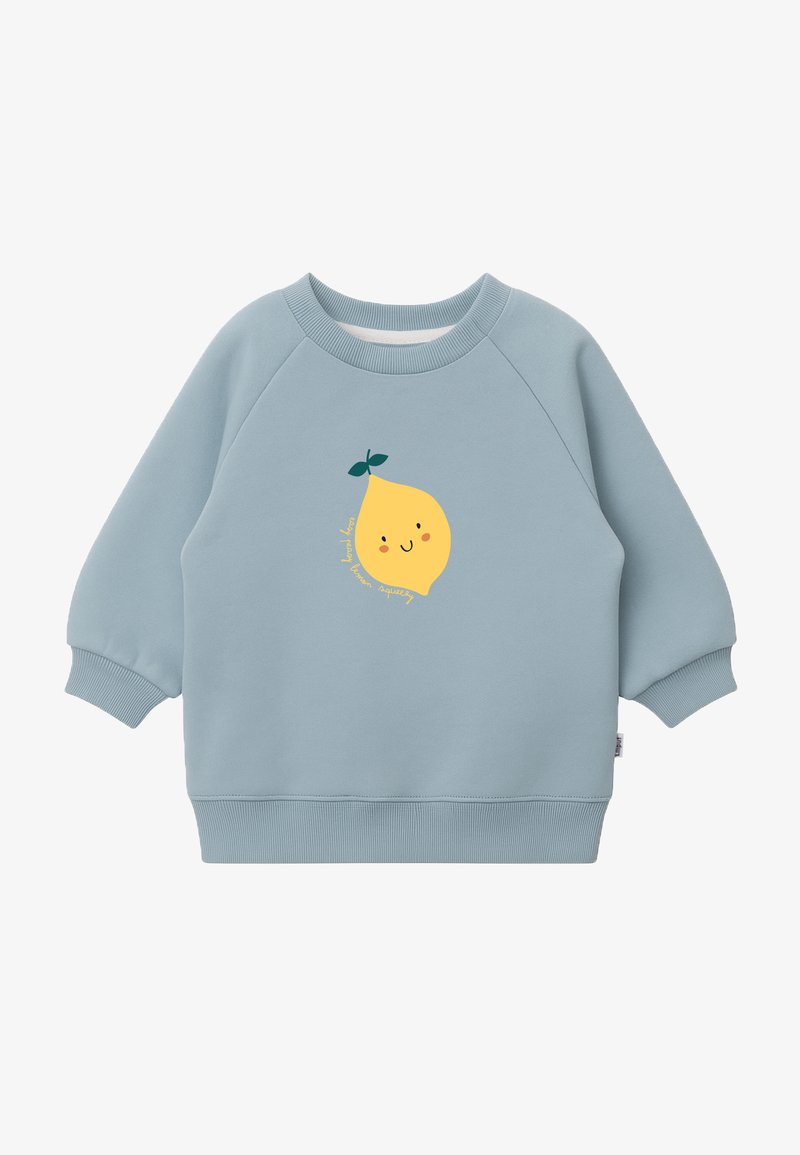 Hellblaues Sweatshirt mit Raglanärmel, ausgestattet mit einem gelben Cartoon-Zitronen-Graphic und Text darunter. Der Stoff sieht weich aus und hat einen gerippten Bund.