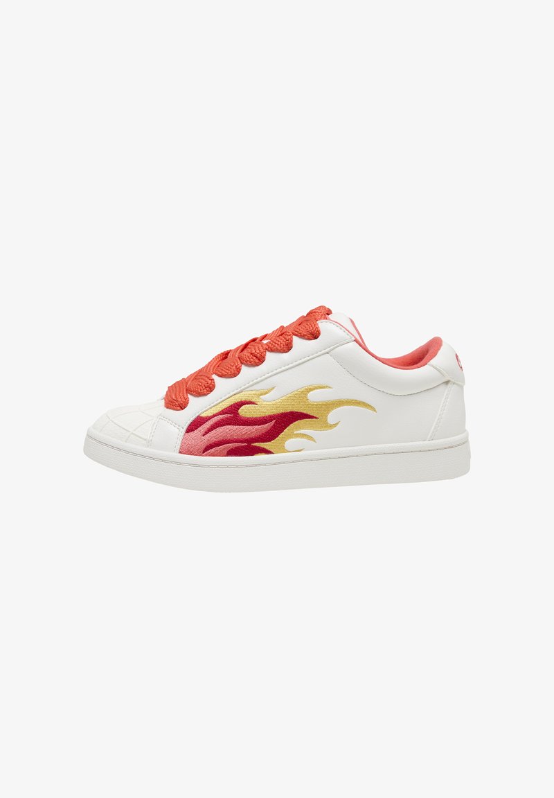 White leather sneaker with orange braided laces, flame embroidery in red and yellow on the side, and a textured rubber sole.