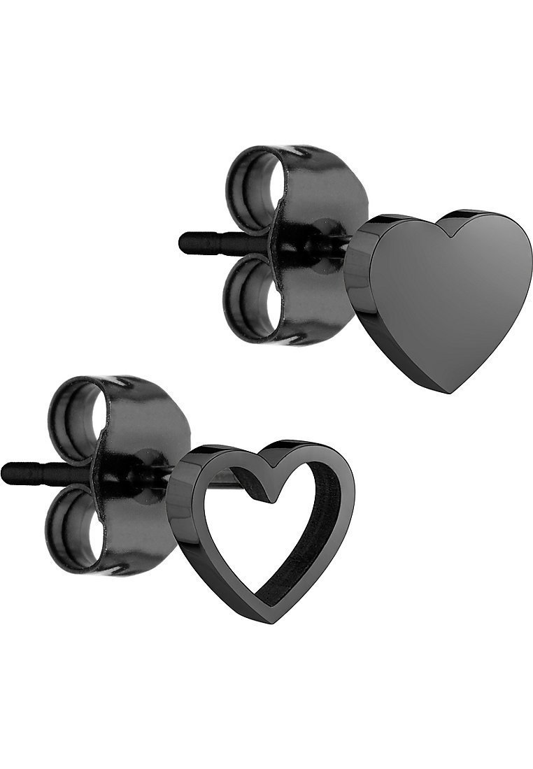 Orecchini a forma di cuore nero in due design: uno solido con una superficie liscia, l'altro con un contorno di cuore aperto e una texture lucida.