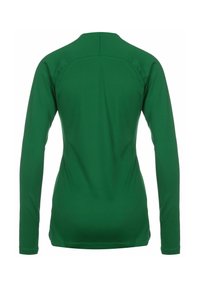 Pitkähihainen paita yksivärisestä, vihreästä kankaasta, jossa on korkea kaulus, pyöristetty helma ja sileä pinta ilman näkyviä kuvioita tai yksityiskohtia.