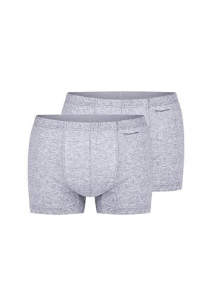 Due boxer da uomo grigio chiaro con un motivo mélange sottile e piccolo logo nero "Mey Casual Cotton" sull'area della vita.