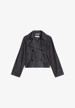 Dunkelgraue, kurz geschnittene, doppelseitige Jacke aus Wildleder mit breiten Revers, langen Ärmeln, Seitentaschen und geknöpften Manschetten.