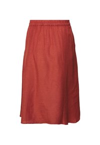 Röd, knälång kjol med elastiskt midjeband, tillverkad av lättviktsmaterial. Slät textur med subtila draperingar och inga synliga mönster.