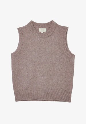 Verstrickte Weste in sanftem Mauve, ärmelloses Design, gerippter Kragen und Saum, mit glatter Textur und klassischer Form. Markenlabel: Joules.