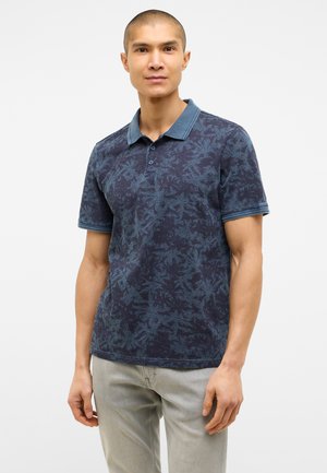 Navy blue polo shirt with a subtle leaf pattern, short sleeves, and a contrasting collar. Made from soft fabric, features three-button placket.