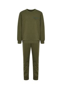 Jogginganzug in Olivgrün aus weichem Stoff. Besteht aus einem Sweatshirt mit rundem Ausschnitt und Hosen mit elastischem Bund und Bündchen an den Knöcheln.