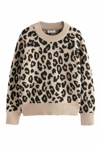 Leopardenmuster Pullover in beige und schwarz; verfügt über einen Rundhalsausschnitt, gerippte Bündchen und Saum sowie einen weichen, strukturierten Stoff.