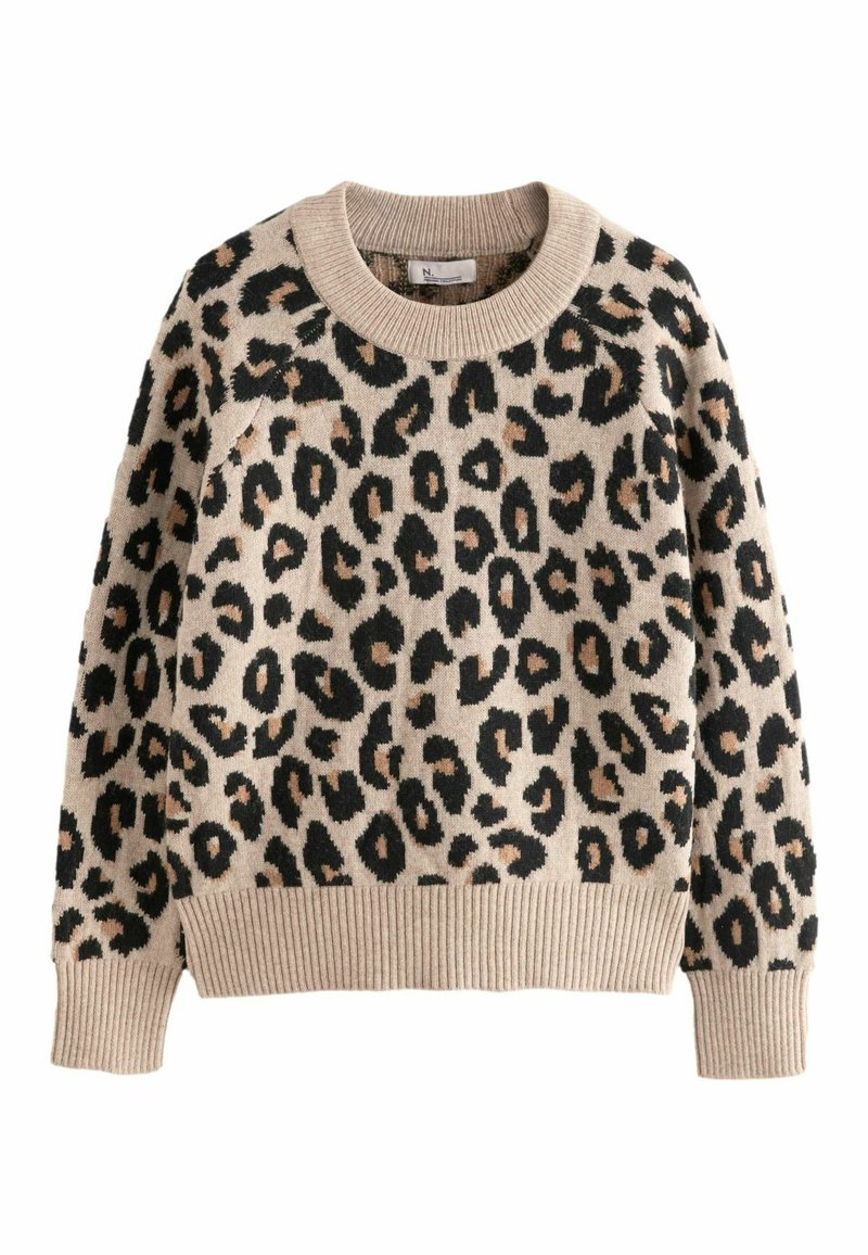 Leopardenmuster Pullover in beige und schwarz; verfügt über einen Rundhalsausschnitt, gerippte Bündchen und Saum sowie einen weichen, strukturierten Stoff.