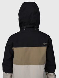 Vista posteriore di una giacca color block con cappuccio nero, sezione superiore nera, parte centrale beige e parte inferiore grigia chiara. Logo sulla parte superiore destra della schiena.