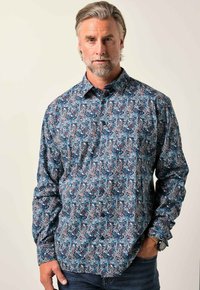 Camicia con bottoni con motivo floreale blu, maniche lunghe e colletto, realizzata in tessuto leggero con vestibilità comoda.