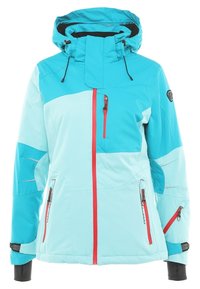 Veste de ski légère bleu turquoise avec fermetures éclair rouges, capuche ajustable et patch logo sur la manche gauche.