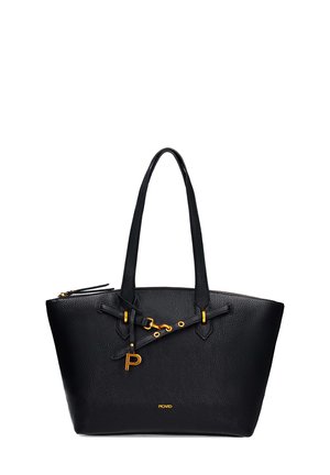 Schwarze, strukturierte Ledertasche mit doppelten Schulterriemen, goldfarbenen Hardware-Akzenten und kleinem goldfarbenem "P"-Charm und Logo.