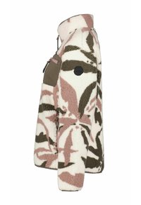 Giacca in pile con un motivo di camouflage rosa, bianco e marrone. Presenta un colletto alto e una tasca laterale con zip. Tessuto morbido e dalla consistenza piacevole.