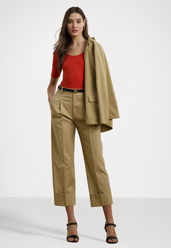 Rib Knit Cotton Blend Elbow Sleeve Tee - Basic T-shirt - bright vermilion3