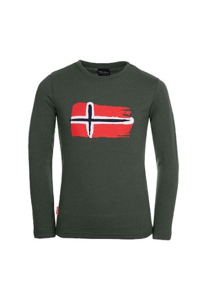 Langärmliges grünes Baumwoll-T-Shirt mit einem rot-weiß-blauen norwegischen Flaggenmotiv auf der Vorderseite. Runder Halsausschnitt, einfarbiges Muster.