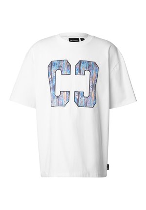 White oversized T-shirt with large stylized "C3" letters in blue and multicolor abstract pattern on the front.