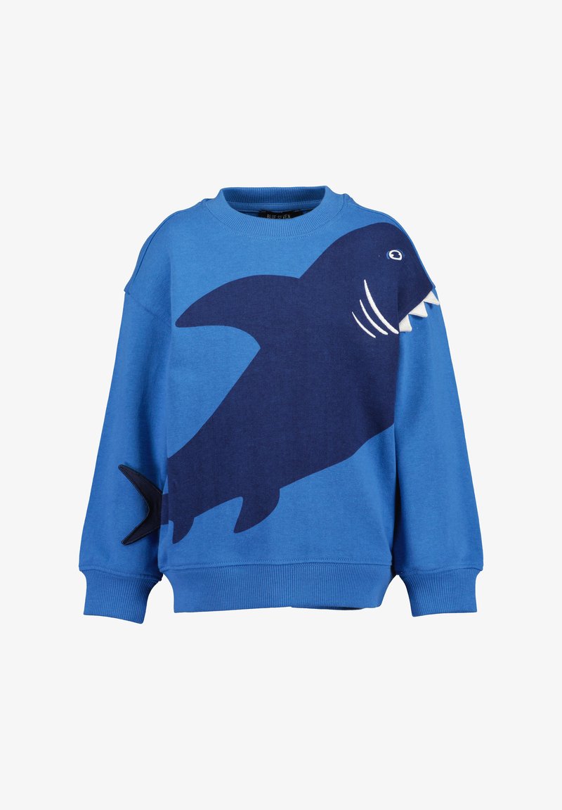 Blauwe sweatshirt van katoen met een haai ontwerp in donkerblauw, met witte tanden en accenten, ribbelboorden en zoom, ontspannen pasvorm.