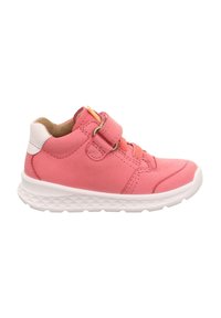 Rosa Leder-Sneaker mit weißen Akzenten, ausgestattet mit einem Klettverschluss und elastischen Schnürsenkeln, runder Zehenpartie und strukturiertem Gummisohle.