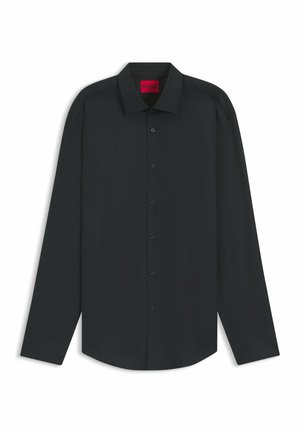 Schwarzes Langarmhemd aus einem glatten Stoff, mit einem Button-Down-Kragen, sechs Knöpfen und einer subtilen Textur. HUGO-Label innen.