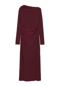 Rochie lungă burgundy cu decolteu drapat, mâneci lungi și detalii adunate pe lateral, realizată dintr-un material moale și elastic.