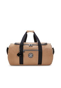 Borsa a sacca marrone realizzata in nylon testurizzato con spallacci neri, una tasca con zip e una toppa rotonda con logo. Include un portachiavi nero peloso.