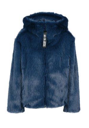 Veste en fausse fourrure bleu foncé, dotée d'une capuche, de manches longues et d'une fermeture éclair. Texture douce avec un aspect ébouriffé. Étiquette attachée.