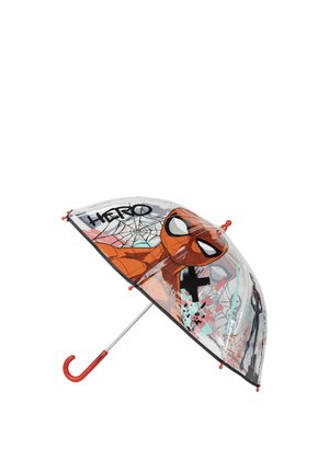 Ombrello a cupola trasparente con manico rosso, con un grande volto di Spider-Man, ragnatele e la parola "HERO" sulla copertura.